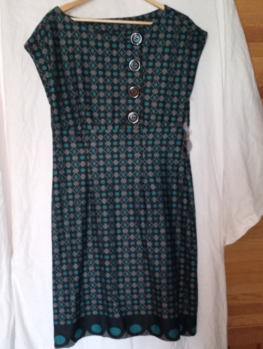 GNW Teal and Black Geometric Cap-Sleeve Midi Dress